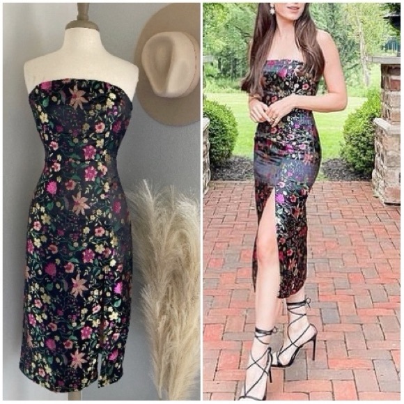 Lulus Make a Move Black Satin Floral Jacquard Strapless Midi Dress - Picture 4 of 7